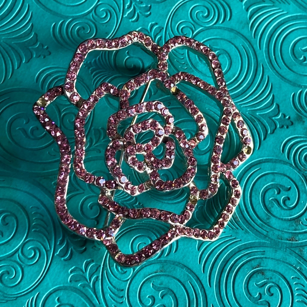 SOLD--Women's rhinestone Rose Brooch Pink - Picture 2 of 8